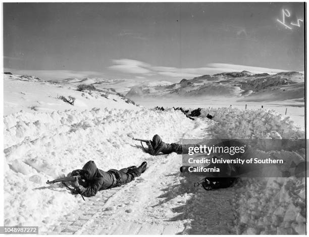 United States Marines in cold weather training camp at Pickel Meadows men from Camp Pendleton go through maneuvers, 09 January 1952. Private First...