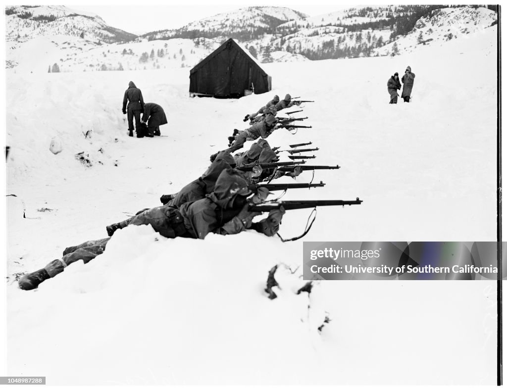 United States Marines in cold weather training camp at Pickel Meadows ...men from Camp Pendleton go through maneuvers, 1952