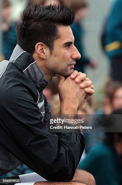 Injured player Rory Fallon looks on from the sideline during a New Zealand All Whites training session at Kristin School on October 7, 2010 in...