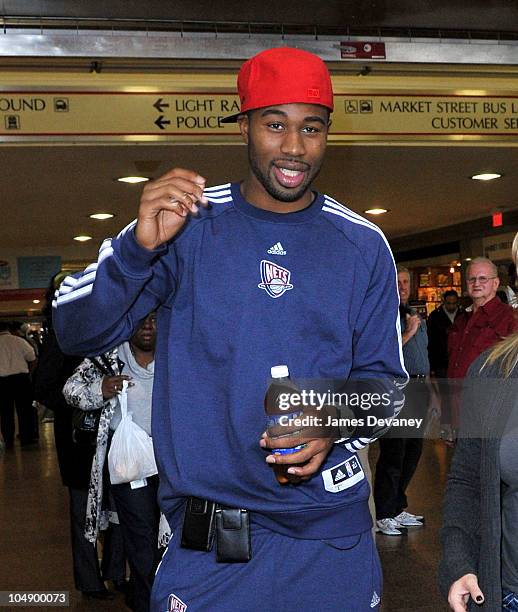 New Jersey Nets Terrence Williams demonstrates the convenient train commute to the Prudential Center on October 6, 2010 in Newark, New Jersey.