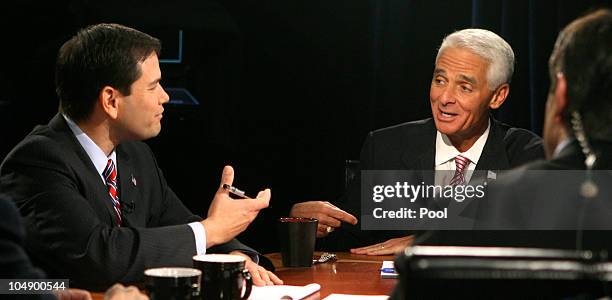 Senate candidate Marco Rubio and challenger Independent Gov. Charlie Crist share their viewpoints during the televised-statewide debate, at the...