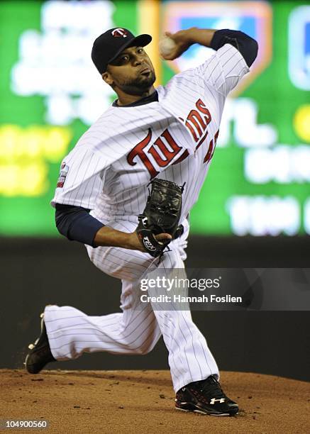 Francisco Liriano of the Minnesota Twins pitches during game one of the ALDS against the New York Yankees on October 6, 2010 at Target Field in...
