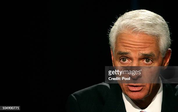 Senate candidate Gov. Charlie Crist makes a point in the debate with challengers Republican Marco Rubio and U.S. Rep. Kendrick Meek, during their...