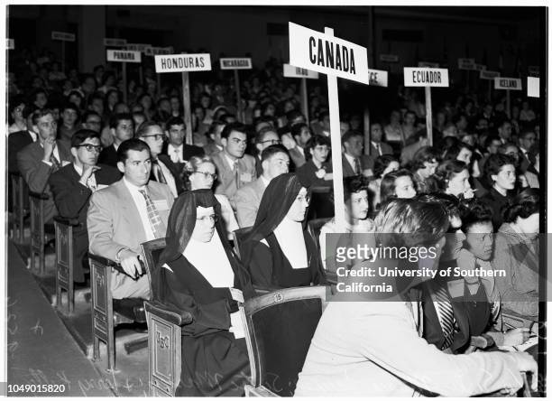 Model United Nations at University of Southern California, 03 April 1952. Sister Mary Louise;Sister Marien;Terry Kelly;Vir Sondhi;Shared...