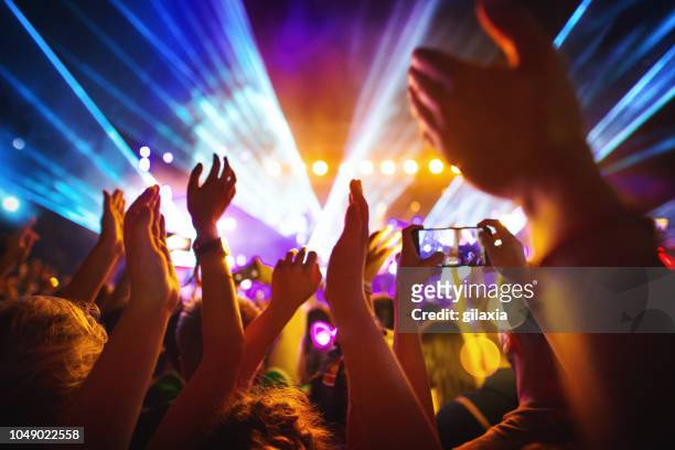 cheering crowd at a concert. - music festival stock pictures, royalty-free photos & images