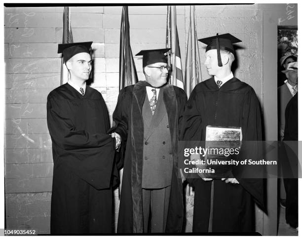 Whittier College graduates, 7 June 1952. Charles W Cooper;Robert Lucian Smith ;Doctor Paul S Smith;Robert Russell Smith.;Caption slip reads:...