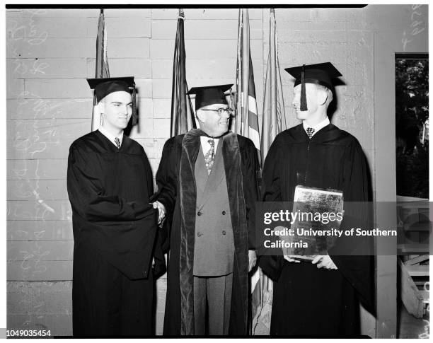 Whittier College graduates, 7 June 1952. Charles W Cooper;Robert Lucian Smith ;Doctor Paul S Smith;Robert Russell Smith.;Caption slip reads:...