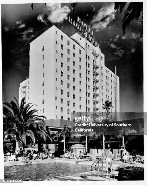 Photograph of a pool and promenade area at the Hollywood Roosevelt Hotel. 'News / From Brigham Townsend / Public relation director, Hull Hotels,...
