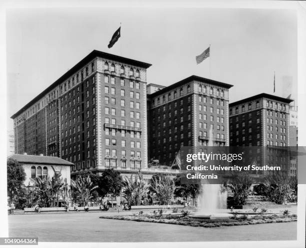 Photograph of the Biltmore Hotel on Pershing Square, Los Angeles. 'This is Los Angeles Biltmore Hotel, which will serve as the headquarters for the...