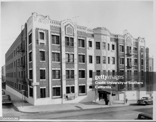 Photograph of the four-story Hotel Chelsea. 'Hotel Chelsea, 504 S Bonnie Brae, L.A., bought by Irving King' -- handwritten note on verso. 'for...