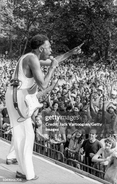 Brazilian singer, composer, and politician Gilberto Gil performs at a concert at Central Park SummerStage, New York, New York, June 18, 1995.