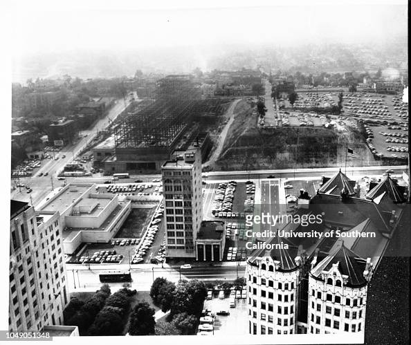 Panoramic view of construction for development of new Civic Center, Los Angeles, 1956
