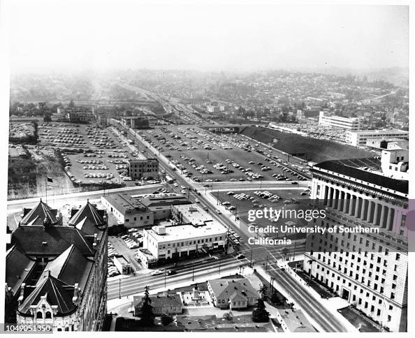 Panoramic view of construction for development of new Civic Center, Los Angeles, 1956