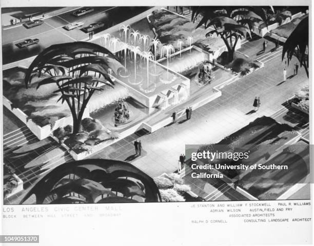 Photograph of a drawing with caption 'Los Angeles Civic Center Mall, block between Hill Street and Broadway, J.E Stanton and William F Stockwell,...