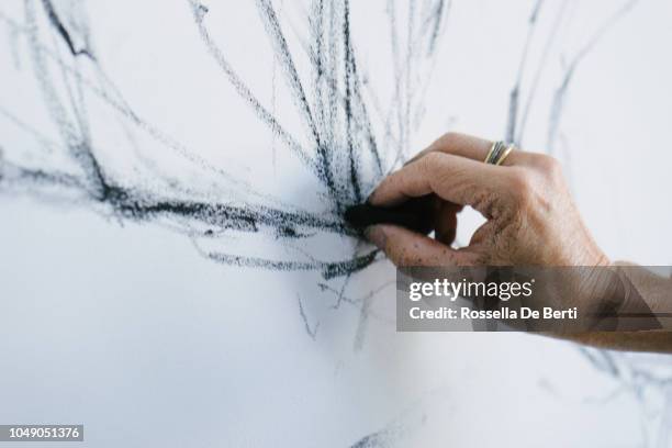 vrouwelijke artiest tekenen met houtskool - hands at work stockfoto's en -beelden