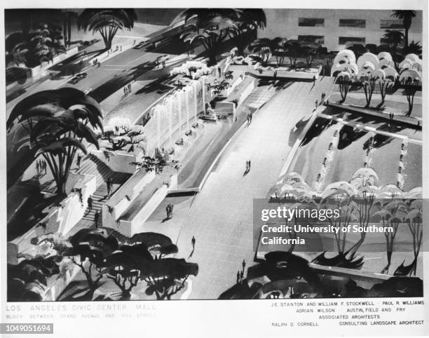 Photograph of a drawing with caption 'Los Angeles Civic Center Mall, block between Grand Avenue and Hill Street;J.E Stanton and William F Stockwell,...