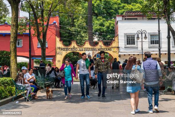 beautiful plaza in coyoacan district of mexico city - mexico city street vendors stock pictures, royalty-free photos & images