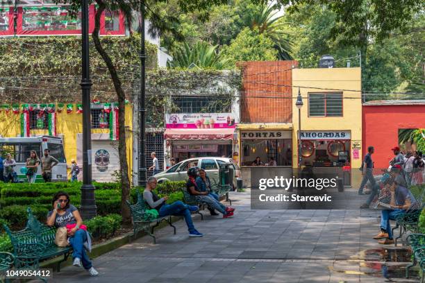 beautiful plaza in coyoacan district of mexico city - mexico city street vendors stock pictures, royalty-free photos & images