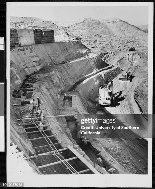 Photograph of construction of the New Dodgers Stadium in Chavez Ravine, Los Angeles. 'Associated Press photo / From Los Angeles / Caution: use credit...