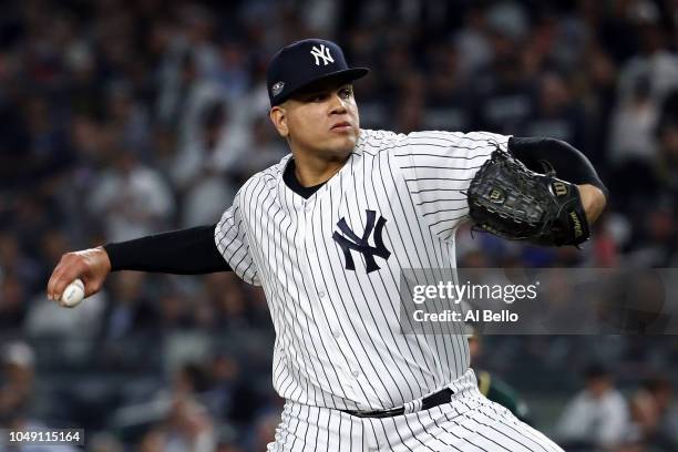 Dellin Betances of the New York Yankees pitches in the fifth inning against the Oakland Athletics during the American League Wild Card Game at Yankee...