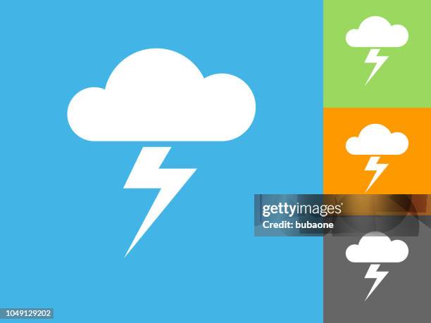 clouds and thunderstorm flat icon on blue background - lightning icon vector stock illustrations