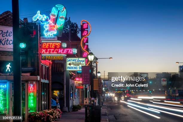 neon lights, business's on east colfax street, denver, colorado - street restaurant stockfoto's en -beelden