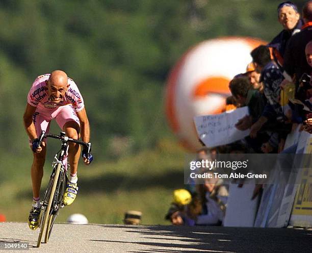 Marco Pantani of Italy and the Mercatone-Uno team climbs to the finish to win Stage 15 between Briancon-Courchevel during the 2000 Tour De France,...
