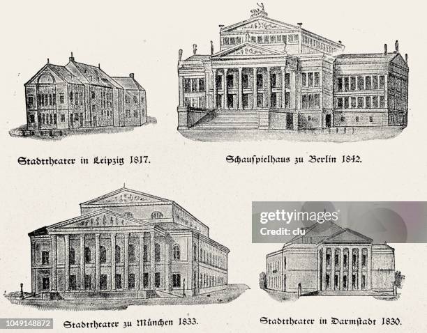 four theaters in germany: leipzig, berlin, munich, darmstadt - darmstadt germany stock illustrations