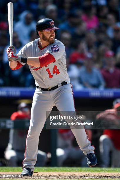 Mark Reynolds of the Washington Nationals bats against the Colorado Rockies at Coors Field on September 30, 2018 in Denver, Colorado.