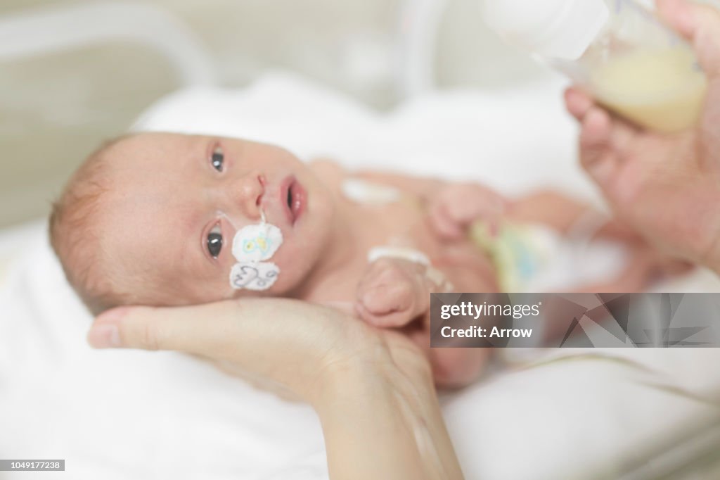 Premature baby girl in incubator