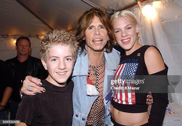 Billy Gillman, Steve Tyler, and Pink during United We Stand Concert - Backstage at RFK Stadium in Washington DC, United States.