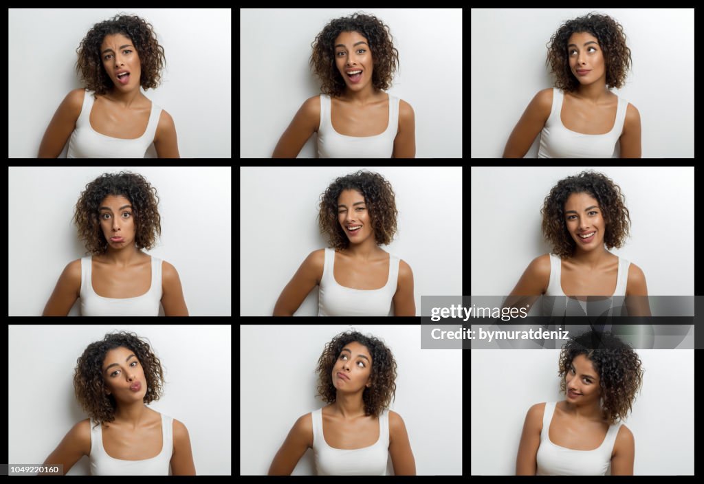 Young woman making nine different facial expressions