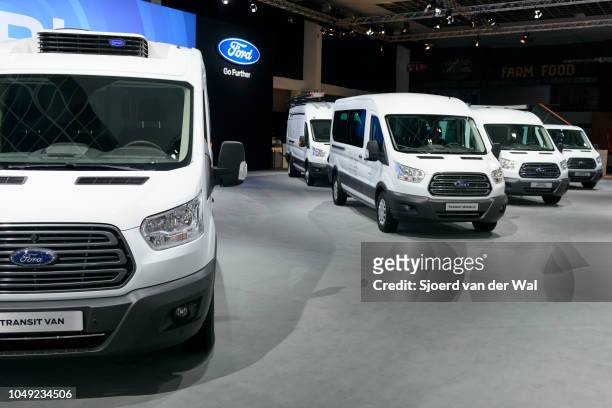 Ford range of Light Commercial Vehicles in various bod styles including the Transit Van and Transit courier on display at Brussels Expo on January...
