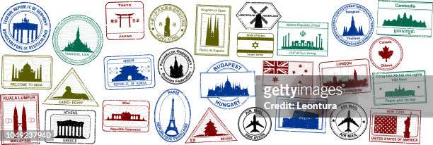 illustrazioni stock, clip art, cartoni animati e icone di tendenza di francobolli per passaporto - luogo d'interesse internazionale