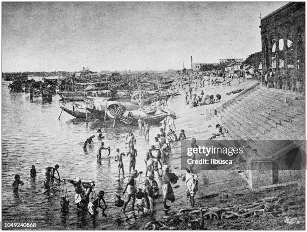 antique photograph: hooghly river bathing - river bathing stock illustrations