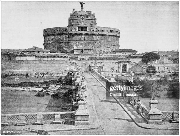 stockillustraties, clipart, cartoons en iconen met antieke foto: brug van st angelo, rome, italië - castel sant'angelo