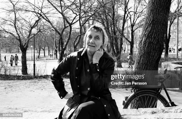 Swedish writer of children books Astrid Lindgren outside her home in Stockholm, Sweden, 1976.