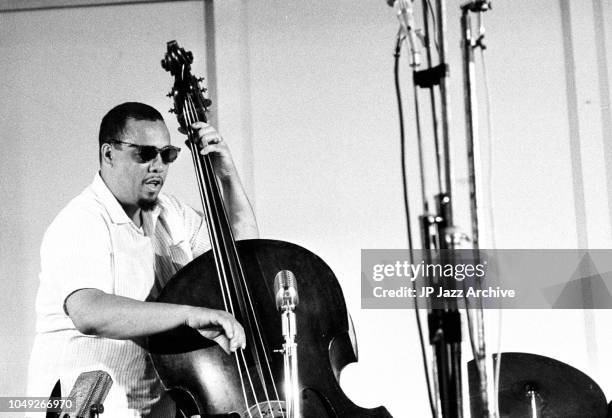 American jazz double bassist and bandleader Charles Mingus performing at Juan Les Pins Jazz Festival, France, July 1960.