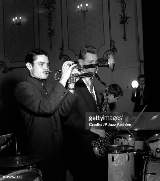 American jazz trumpeter Chet Baker and French saxophone player Jean-louis Chautemps in concert, Copenhagen, Denmark, December 1955.