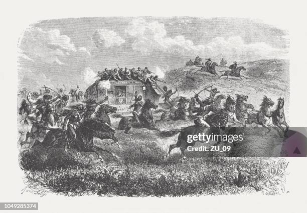 attack on an american stagecoach by native americans, published 1885 - indigenous worker stock illustrations