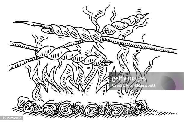 german bread on stick camp fire drawing - bread dough stock illustrations