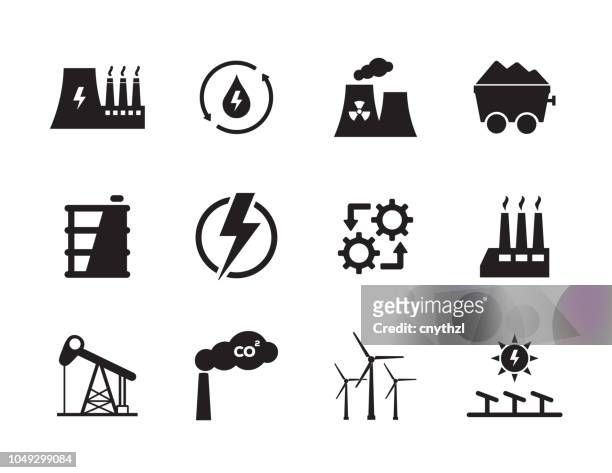 energy and industry icon set - nuclear power station stock illustrations