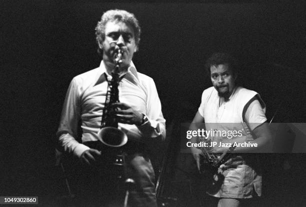 American jazz saxophonists Lee Konitz and Jackie McLean performing at Jazzhus Montmartre, Copenhagen, Denmark, 1974.