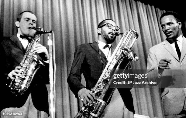 American jazz saxophonist Phil Woods, American jazz saxophonist Sahib Shihab and American composer arranger and conductor Quincy Jones, Copenhagen,...