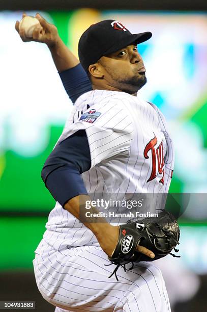 Francisco Liriano of the Minnesota Twins pitches during game one of the ALDS against on October 6, 2010 at Target Field in Minneapolis, Minnesota.