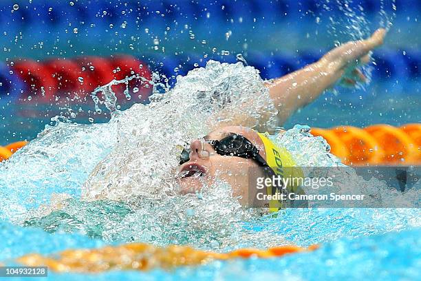 Sophie Edington of Australia competes in the Women's 50m Backstroke at the Dr. S.P. Mukherjee Aquatics Complex during day four of the Delhi 2010...