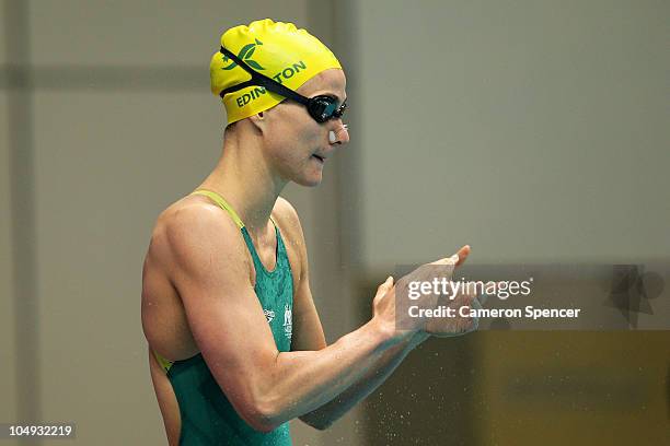 Sophie Edington of Australia prepares to compete in the Women's 50m Backstroke Heat 5 at the Dr. S.P. Mukherjee Aquatics Complex during day four of...