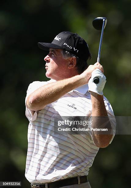 Trevor Dodds hits a tee shot on the fourth hole during the first round of the Ensure Classic at the Rock Barn Golf & Spa on October 1, 2010 in...