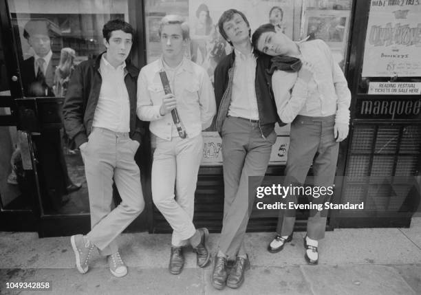 English mod revival band Purple Hearts, UK, 14th August 1979; they are Jeff Shadbolt, Simon Stebbing, Bob Manton and Gary Sparks.