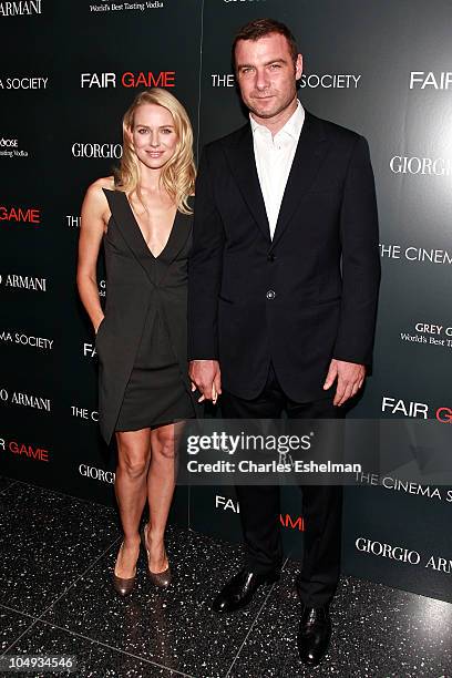 Actors Naomi Watts and Liev Schreiber attend Giorgio Armani & The Cinema Society's screening of "Fair Game" at The Museum of Modern Art on October 6,...